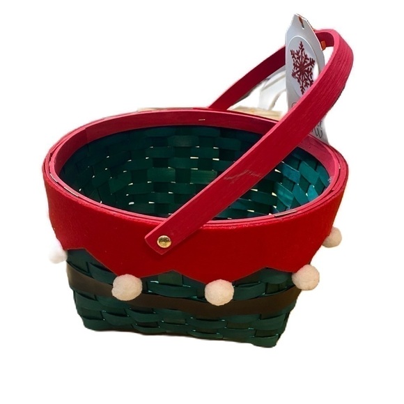 Elf Woven Basket Green Red Christmas Gift Holder NEW Holiday Handle - Picture 4 of 5